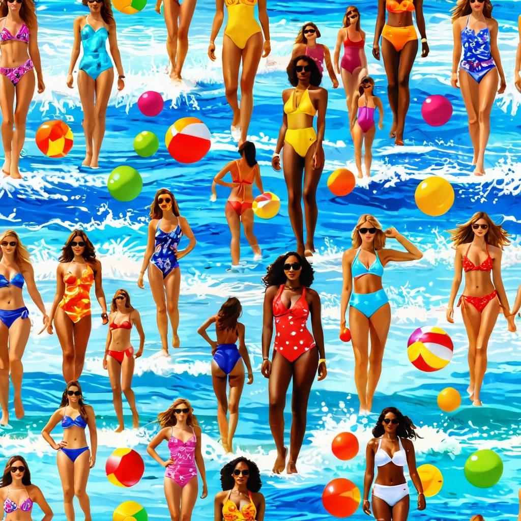 A vibrant beach scene showcasing a variety of fashionable bathing suits on models walking confidently along the shoreline, with splashes of ocean waves acting as a backdrop. The models display diverse body types and styles, showcasing trendy colors and patterns. Sunlight glistens on the water, capturing the essence of summer fun. Include beach accessories like sunglasses and beach balls for added flair. super-realistic. vibrant colors. white background.